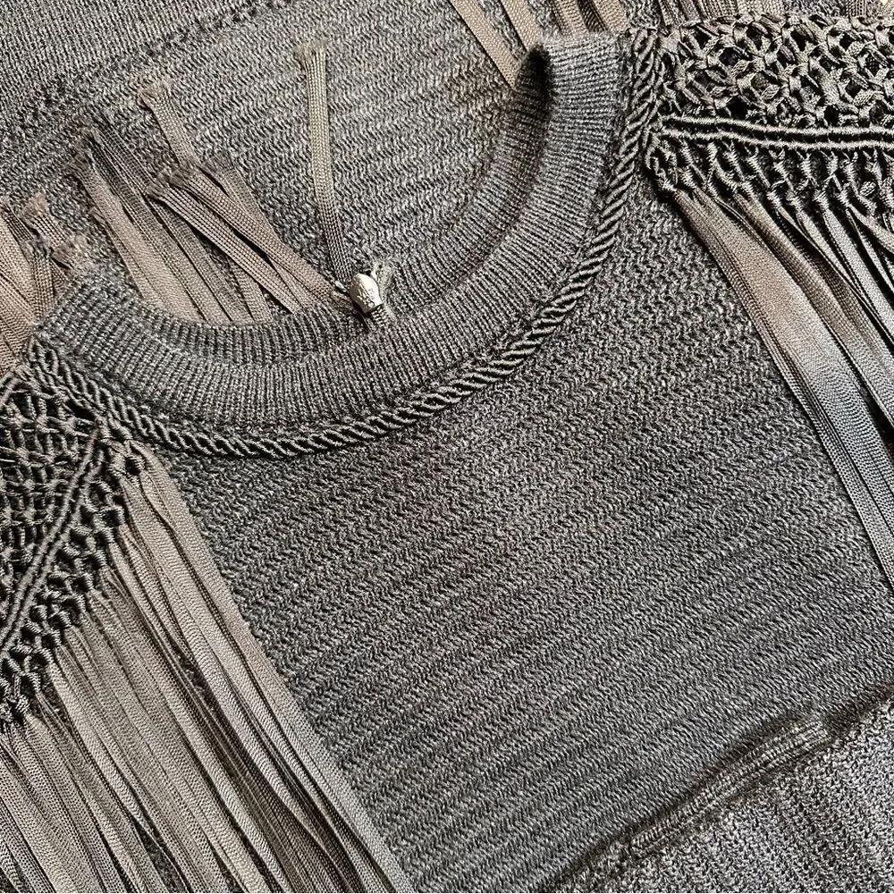 Ralph Lauren Collection Black Silk Hand Knit Fringe Trimmed Long Sleeve Sweater - Picture 2 of 16